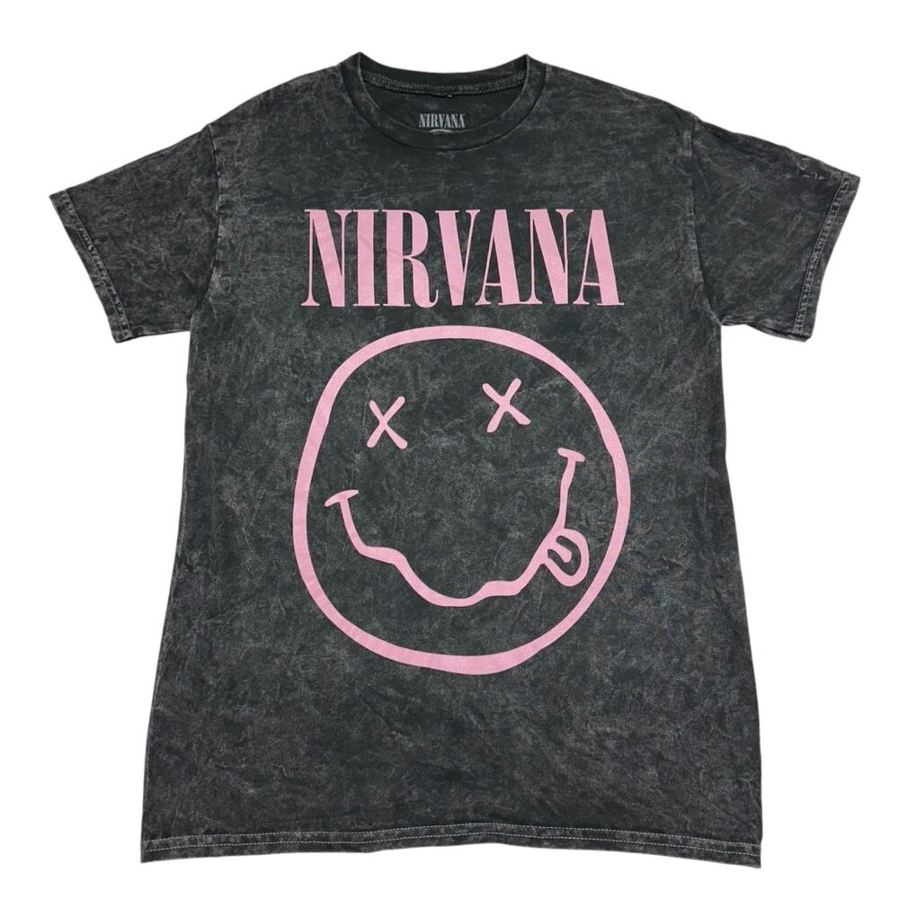 Nirvana Size Adult Small Smiley Face Graphic Pink Charcoal Acid Wash T-Shirt NEW - Picture 2 of 4